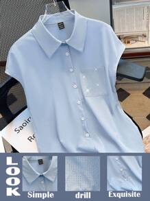 SHEIN LUNE Standard Size Women's Rhinestone Decor Shirt Collar Raglan Sleeve With Pocket Casual Short Sleeve Blouse