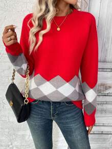 SHEIN LUNE Casual Colorblock Raglan Sleeve Diamond Pattern Knitted Sweater, Autumn/Winter Fall - Red - View 4