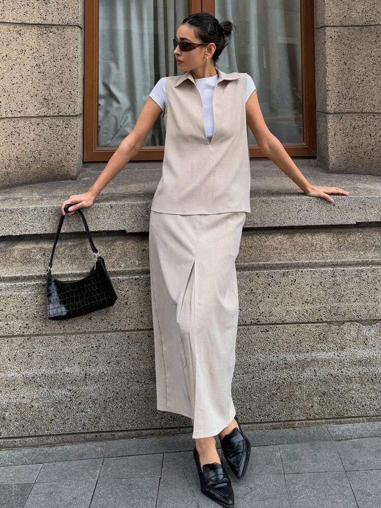 2pcs Spring/Summer Casual Set: Fitted Sleeveless Blouse And Long Skirt For Women,Fall Clothes