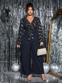 SHEIN Unity 女士优雅 V 领、拼接金属腰带长袖阔腿连体裤 - 藏蓝色 - 查看 3