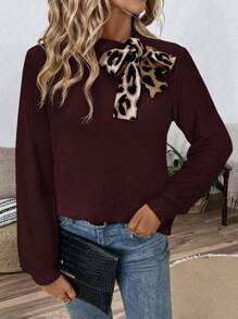 SHEIN LUNE Sudadera de manga larga con cuello y lazo con estampado de leopardo para mujer