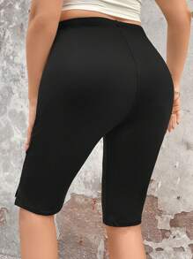 SHEIN CURVE+ FIT+ 黑色高腰开衩设计休闲街头风膝盖长度打底裤 - 黑色 - 查看 2