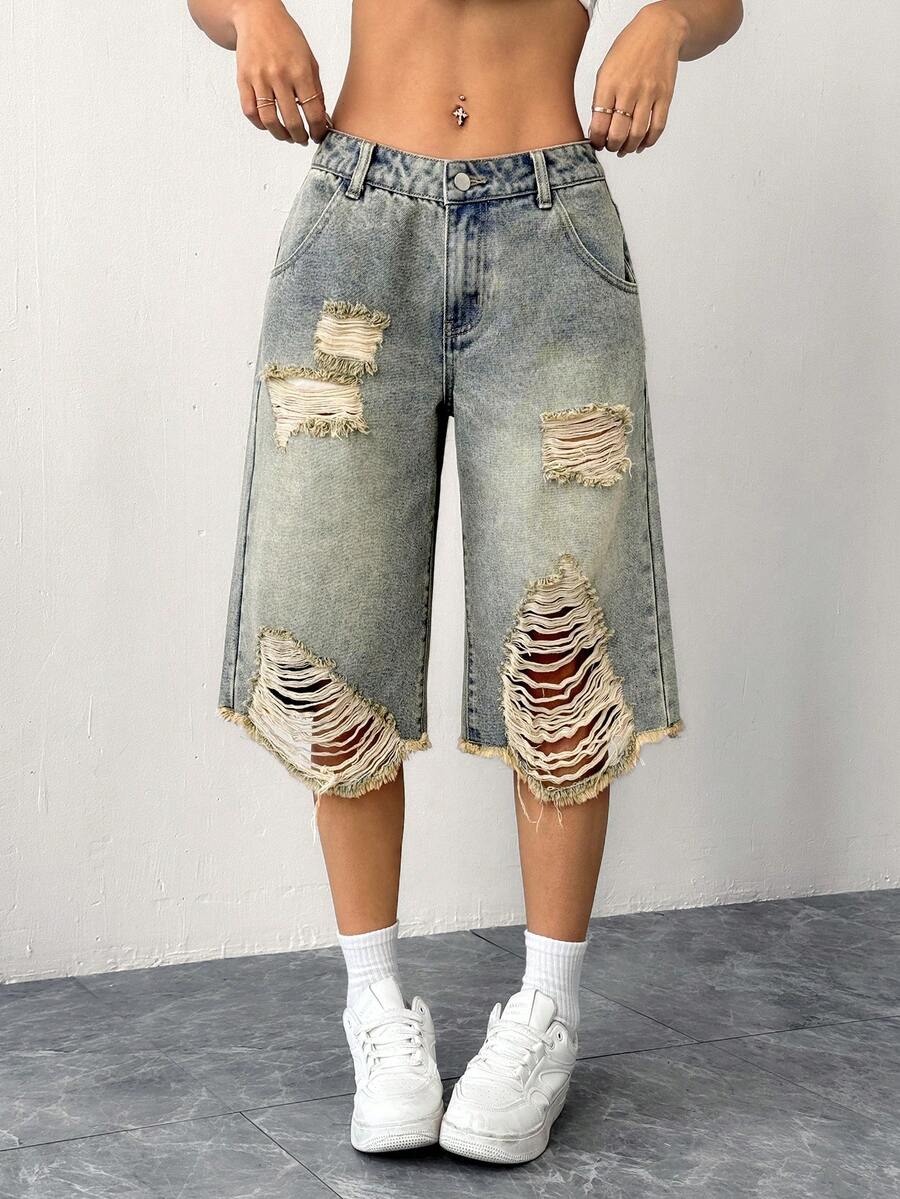 SHEIN ICON 女式做旧低腰洗水破洞牛仔裤 - 中等水洗藍 - 查看 1