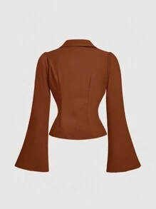 SHEIN MOD Plus Size Women V-Collar Ruffle Flared Sleeve Blouse, Waist Cinched, Brown Long Sleeve Shirt, Clothes, Button Down Blouse, Concert Women, Halloween Clothes, Airport Women's - Brown - View 2