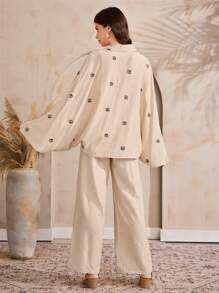 Mulvari 贝壳刺绣蝙蝠袖上衣连体裤女款两件套 - 杏色 - 查看 5