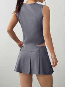 SHEIN MOOSTA Conjunto de 2 piezas para mujer con chaleco de un solo abotonadura de unicolor y falda mini plisada - Gris - Ver 2