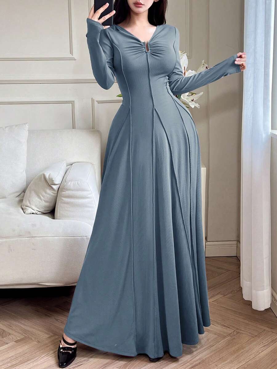 Mulvari 勃艮第红女士优雅纯色腰部收腰长裙，春秋