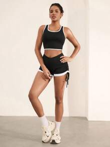 Hanevo Contrast Color Hem & Side Drawstring Yoga Shorts Sportwear For Daily Wear - Black - View 5