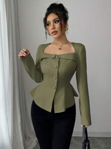 Elenzga Women's French Elegant Olive Green Blouse,Fall Winter Office Commute Square Trapeze Collar Front Button Waistline A-Line Long Sleeve Fall Cloth - Army Green - View 6