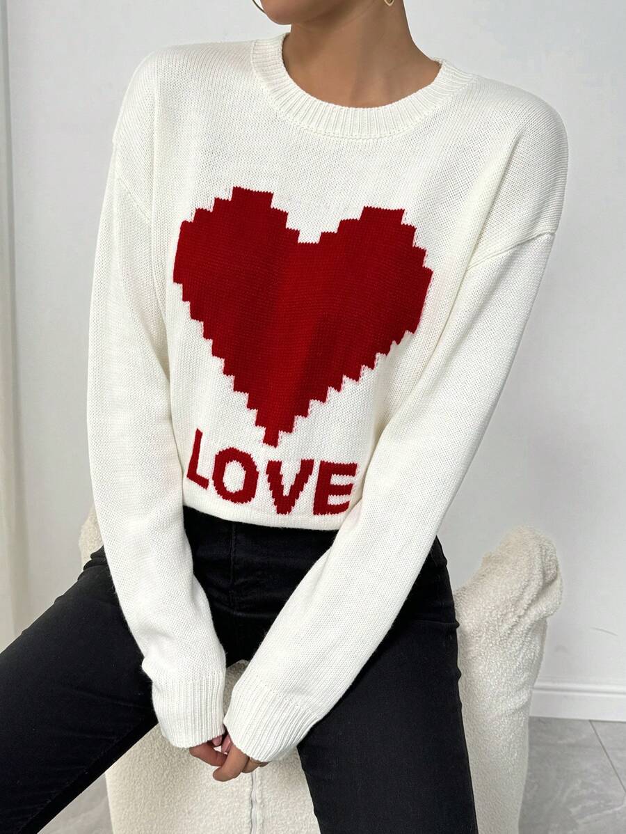 Chiquease Women's Casual Crew Neck Heart Print Pullover Sweater, Valentine's Day Knit Pullover Fall Winter Sweater