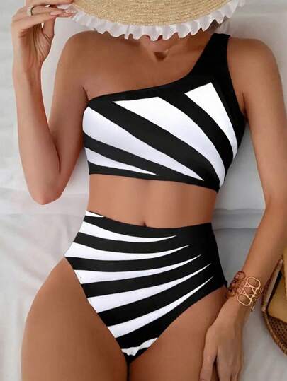 Swim Lushoire Set de 2 piezas para el verano, nuevo bikini con Top de un hombro y short de natación de cintura alta con bloqueo de color, conjunto de bikini de deporte informal para damas