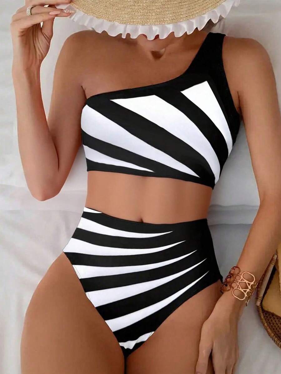 SHEIN Swim Bộ bikini một vai phối màu mới mùa hè 2 món/bộ và quần bơi cạp cao, bộ bikini thể thao thường ngày cho nữ - Đen và trắng - Xem 1