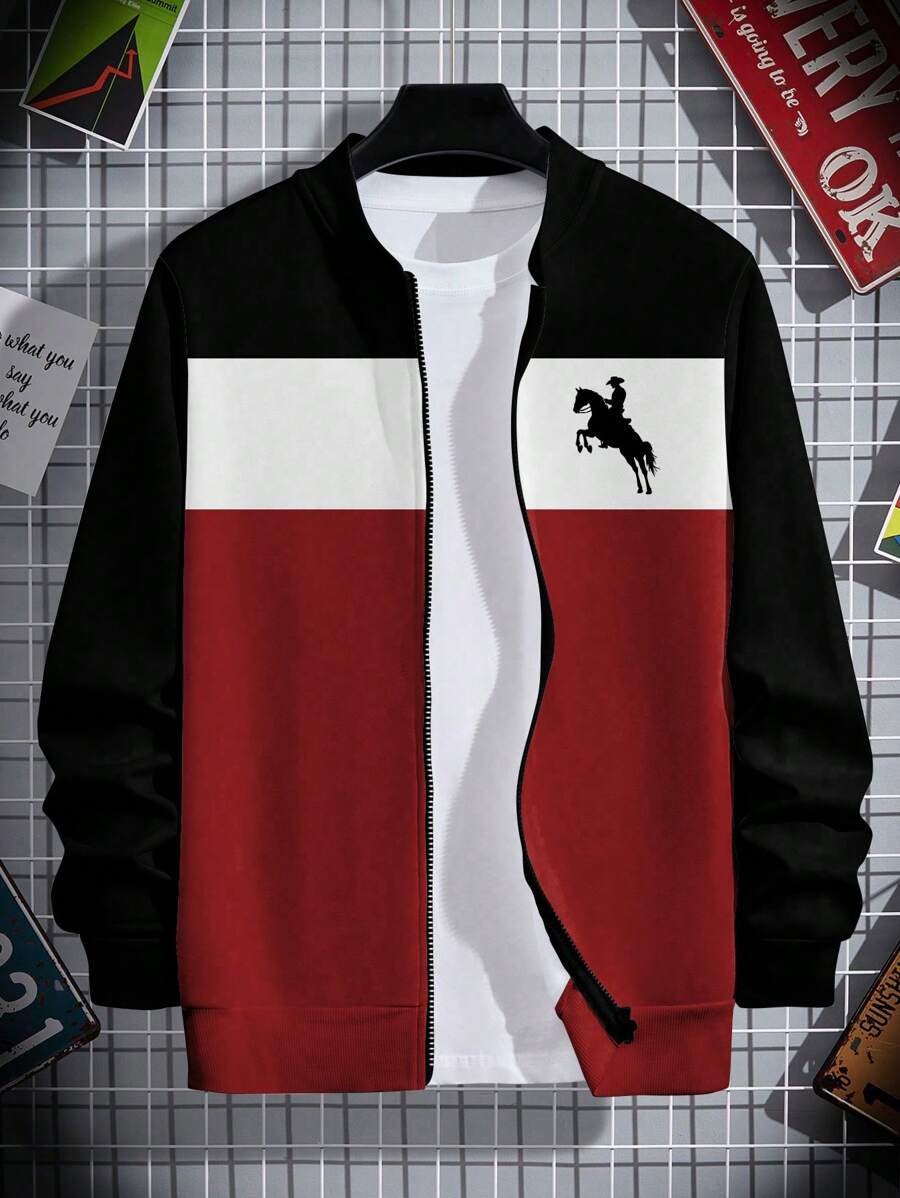 Manfinity Dauomo Plus Size Men's Knighthood Printed Contrast Color Zipper Front Casual Hoodie Sweatshirt - Multicolor - View 1