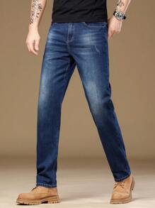 Manfinity Homme Men's Casual Straight Fit Pockets Jeans, Versatile - Medium Wash - View 5