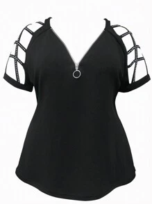 Blusa de mujer talla grande con hombros con recorte y cremallera con aplicaciones de rhinestone - Negro - Ver 3