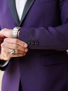 Manfinity Bizformal 男士翻领长袖紫色西装外套和裤子套装，商务旅行装