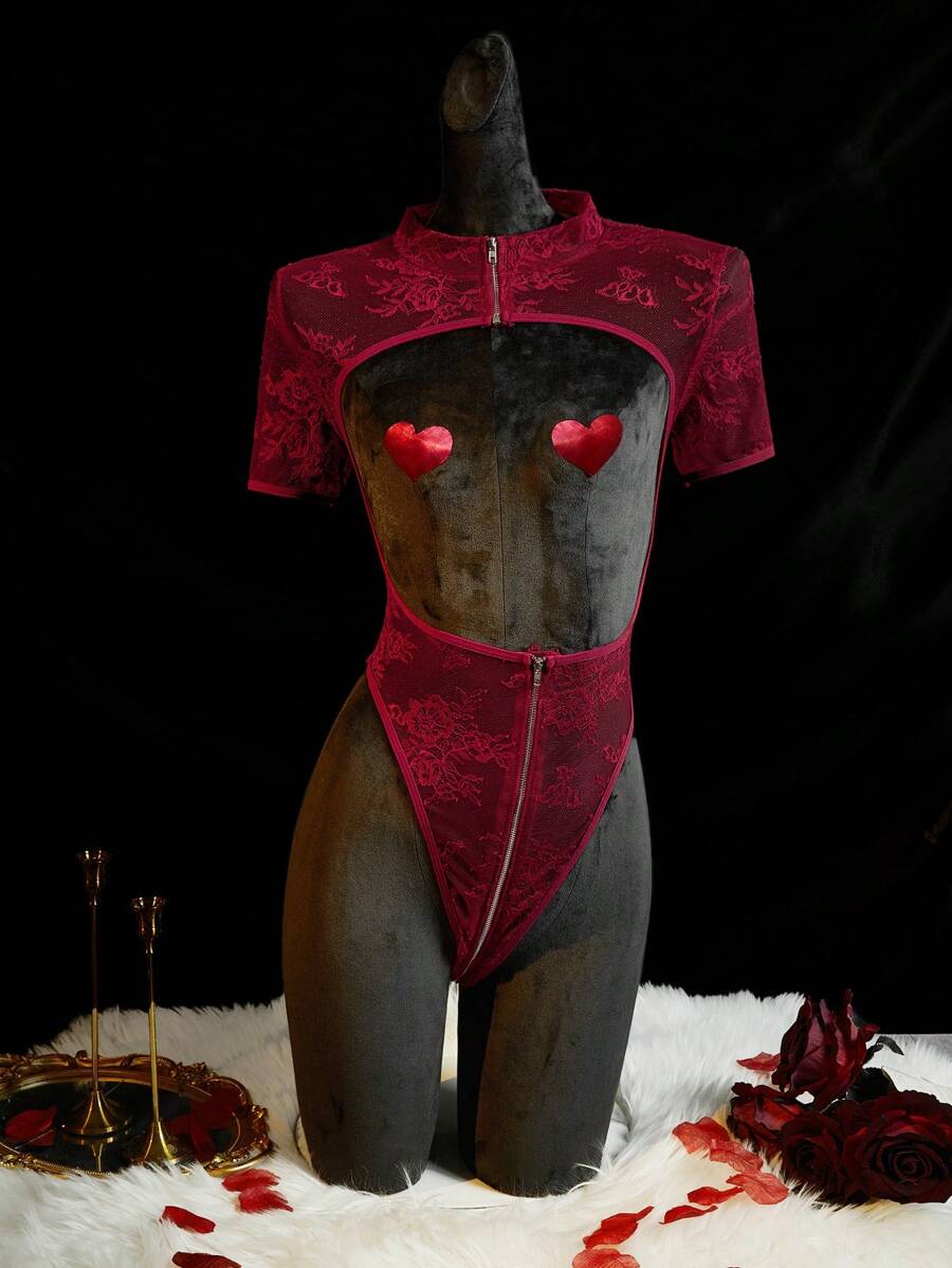 SpicyHot Bộ 2 đồ lót liền thân ren khoét rỗng ngày lễ tình nhân có khóa kéo phía trước cực kỳ gợi cảm dành cho nữ Đồ lót cô dâu khi đi chơi - Màu Đỏ Sâu - Xem 1