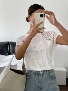 SHEIN Frenchy Women's Simple Casual Solid Color Contrast Lace Short Sleeve Casual T-Shirt,Spring/Summer, Textured Vertical Stripe Floral Top,Loose Bat Sleeve T-Shirt,Jacquard Textured Openwork Knit Fabrics,Casual Holiday Fashionable For Commuting,For Daily Wear White - White - View 6