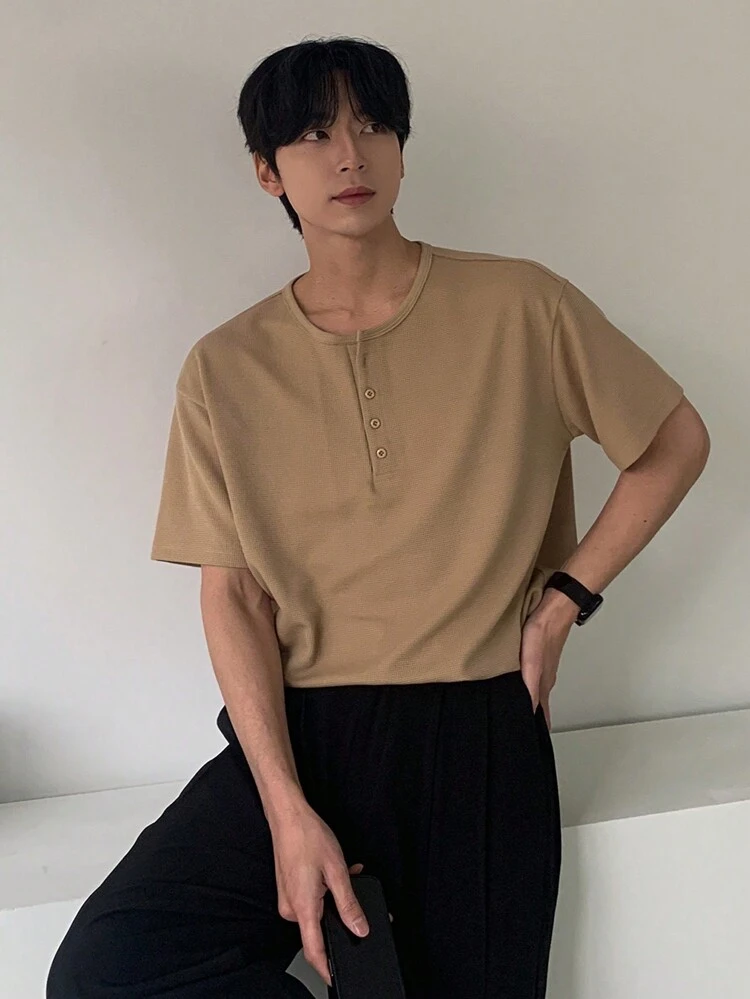 Men's Summer Henley T-Shirt In Khaki Color Textured Fabric