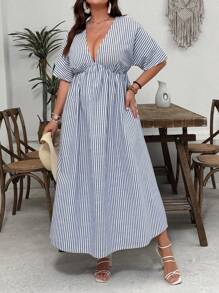 SHEIN VCAY Plus Size Striped V-Neck Short Sleeve Dress, Simple Casual Everyday Wear - Blue and White - View 3