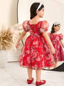 SHEIN 年轻女孩碎花圆领泡泡袖修身连衣裙 - 彩色 - 查看 2