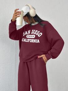 EURMUSE Cotton Comfortable Drop Shoulder With Printed Sweatshirt& Sweatpants Set Suitable For Autumn And Winter - Burgundy - View 5