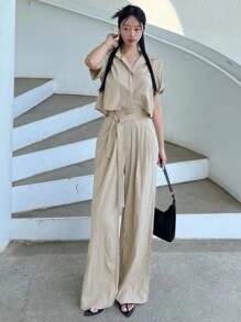 DAZY 女士休闲通勤纯色短袖衬衫和裤子两件套家居服套装