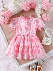 Glamorique Kids 女婴可爱花朵装饰短袖休闲连衣裙，夏季 - 粉色 - 查看 8