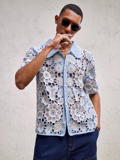 SHEIN X ELOISA & ORSON AKNOTIC Party Cárdigan casual de punto azul de corte ajustado con cuello vuelto y manga corta para hombres, adecuado para combinaciones diarias