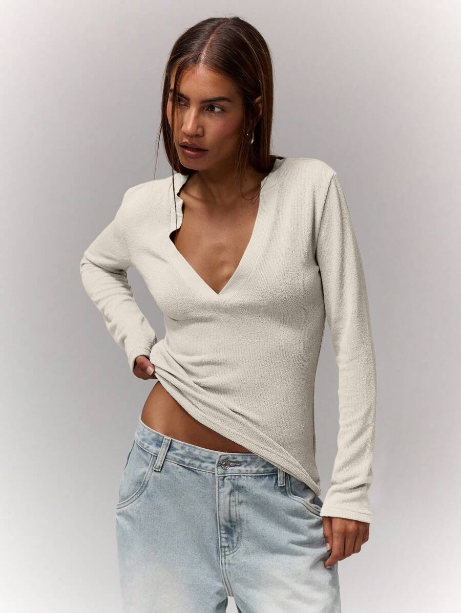 MUSERA Notch Neckline Long Sleeve Fitted Top Casual Vacation Airport Holiday  Back To School  Winter ,Elegant Spring Summer - Beige - View 1