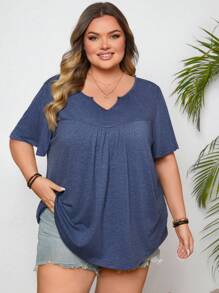 SHEIN CURVE+ 大码女式蓝色 V 领短袖休闲宽松 T 恤，夏季 - 藍色 - 查看 5