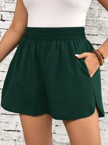 SHEIN LUNE Plus Size Plain Casual Shorts With Pockets, Minimalist Fashion For Everyday Wear St. Patrick's Day Outdoor Essential For Daily Wear