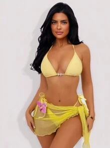 Swim SXY 3pcs/Set Women Solid Color Leisure Holiday Set: Triangle Backless Bikini Top, Textured Floral Skirt, Sheer Sexy Beach Swimwear For Summer Beach Vacation