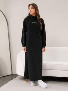 Mulvari High Collar Contrast Edge Pocket Front Print Long Sweatshirt - Black - View 1