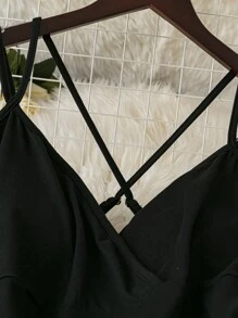 DreamSkyne Exquisite & Elegant  Plus Size Black Mesh Ruffle Dress, Elegant Criss-Cross Cami Dress For Special Occasions, Wedding Guest