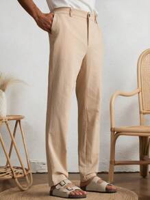 Manfinity VCAY Men's Casual Plain Straight Leg Relaxed Fit Woven Khaki Pants, Young Everyday Style - Khaki - View 1