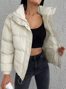 EURMUSE Drawstring Hem Zipper Puffer Coat - Beige - View 4