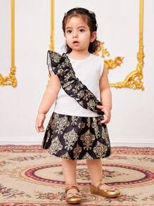 SHEIN Leap Crew Baby Girl Floral Print Summer Vacation Elegant Cute Short Sleeve Top And Mini Skirt Set - Black and White - View 4