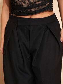 SHEIN BAE Plus Size Women Black Wide Leg Pants, High Waist Full Length Trousers, Suitable For Valentine's Day, Carnival, Beach, Holiday, Back To School, Spring/Summer, Commute, Daily Wear, Date