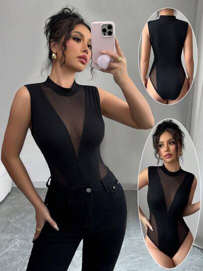 Selianne Fashionable Round Neck Splice Mesh Sleeveless Black Bodysuit For Women, Random Floral Design, And Fitted