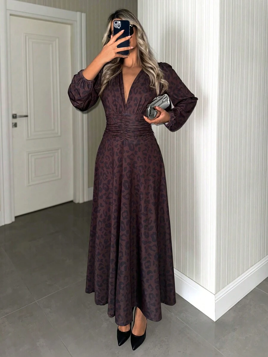 EURMUSE Plus Size Leopard Print Long Sleeve Dress