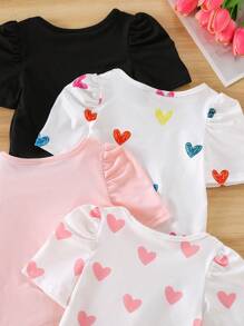 SHEIN Set de 4 piezas Blusa casual de bebé niña de unicolor con estampado de corazón y mangas abullonadas - Multicolor - Ver 8