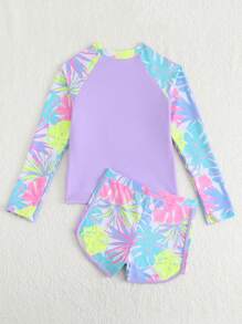 青少年女孩棕榈树字母印花插肩袖长袖上衣和短裤休闲分体泳衣 - 紫色 - 查看 3