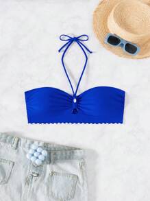 Slaydiva Summer Women's Solid Color Bandeau Neck Ruffle Trim Shell Twisted Spaghetti Strap Camisole Straps Sexy Swimwear Top