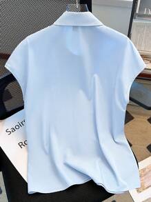 SHEIN LUNE Standard Size Women's Rhinestone Decor Shirt Collar Raglan Sleeve With Pocket Casual Short Sleeve Blouse