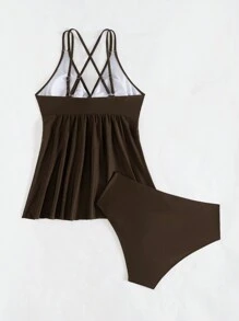 Swim Lushoire Swim Lushore Beach Outfits For Women Summer Solid Color Twist Front Ruffle Trim High Waist Tankini Two Pieces Swimwear - Coffee Brown - View 6