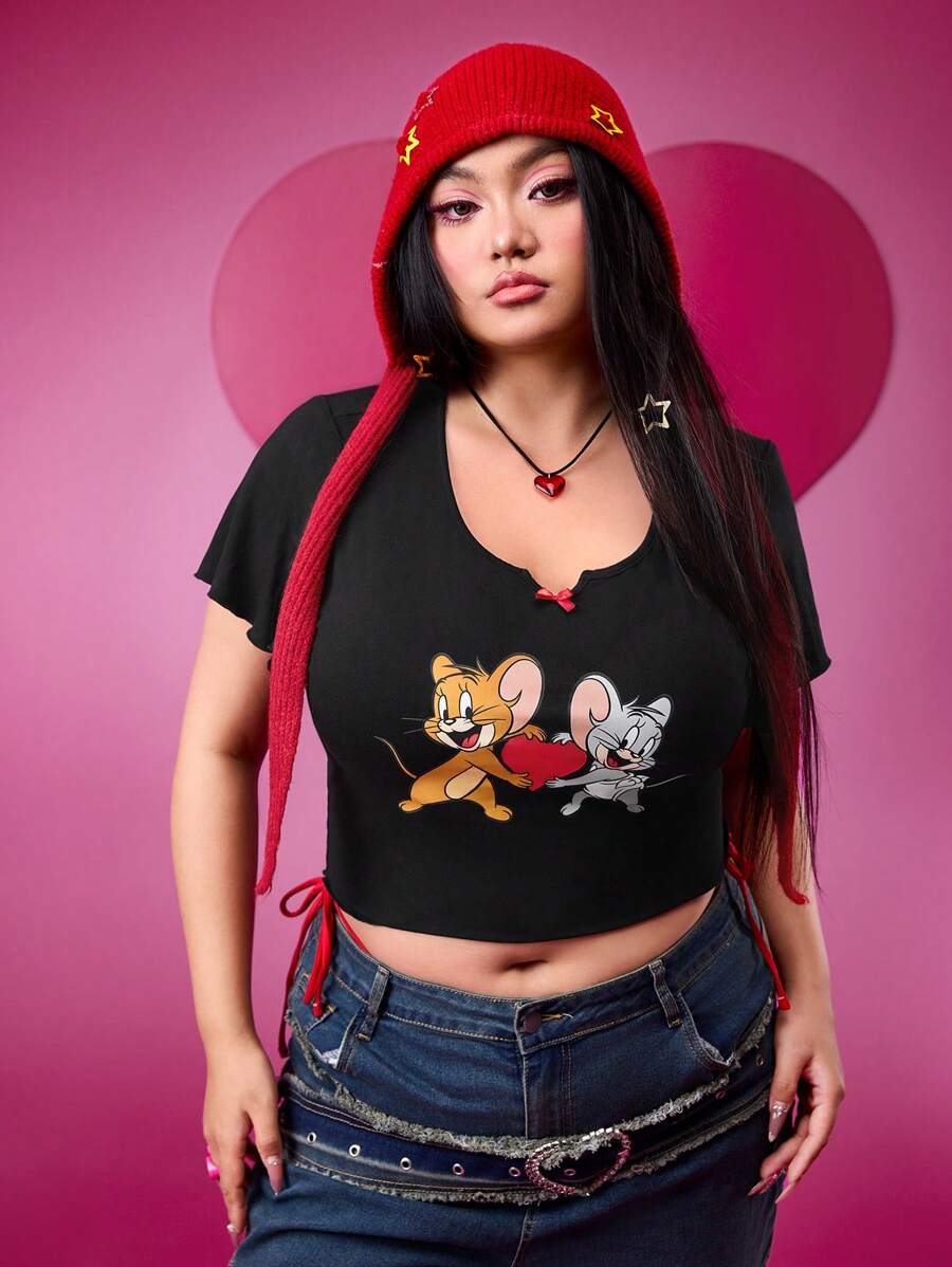 TOM & JERRY X SHEIN Plus Size Black Bow Decor Heart Graphic Cute T-Shirt, Suitable For Date & Everyday Wear For Summer