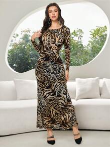 Modelyn Women's  Elegant Sexy Pile Collar Leopard Print  Cheetah Print  Long Sleeve Top, Fish Tail Slim Skirt Two-Piece Set, Spring,  Festival  Valentine's Day - Multicolor - View 5