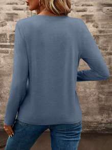 EMERY ROSE Women's Solid Color V-Neck Pocket Long Sleeve Casual T-Shirt Fall Cloth For Women - Blue - View 2