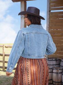 SHEIN LUNE Plus Size Women Single Breasted Long Sleeve Casual Denim Jacket - Light Wash - View 2